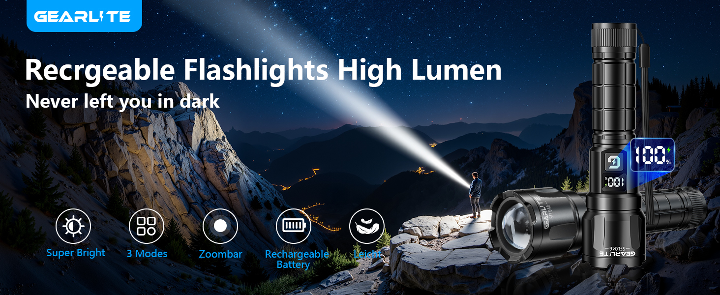 2 Stück GEARLITE aufladbare Taktische LED Taschenlampen 6000 Lumen mit ...